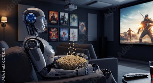 Futuristic humanoid robot watching sci-fi movie with popcorn in modern home theater