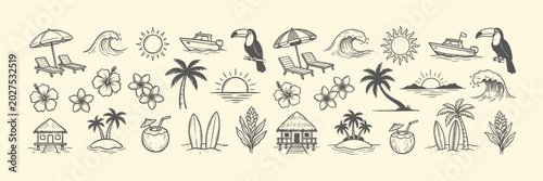 Tropical summer vacation hand drawn icon set. Beach travel outline sketch illustrations with palm tree, sun, waves, surfing and toucan.