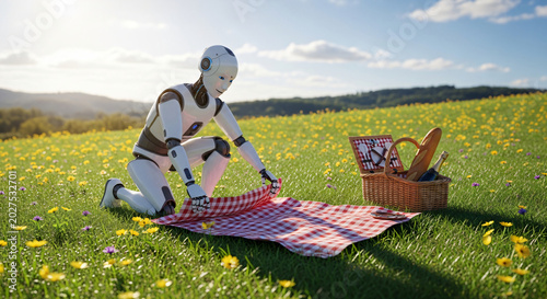 Futuristic humanoid robot enjoying picnic in sunny meadow with checkered blanket and wicker basket