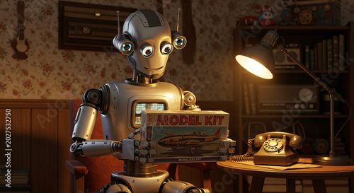 Futuristic robot assistant holding vintage radio in dimly lit retro workshop with warm lighting