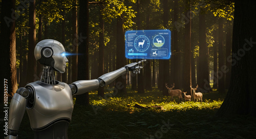 Futuristic robot hand interacting with holographic global data interface in forest environment