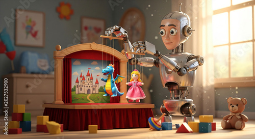 Futuristic robot presenting dollhouse with princess and castle scene in cozy sunlit room