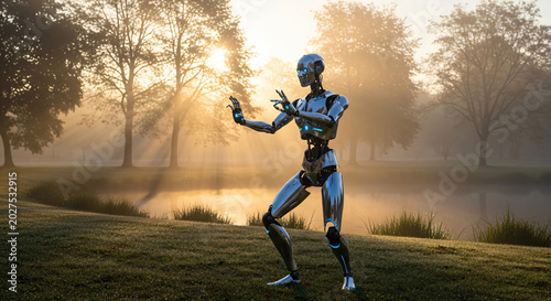 Futuristic female android in cybernetic suit walking through misty park at golden hour