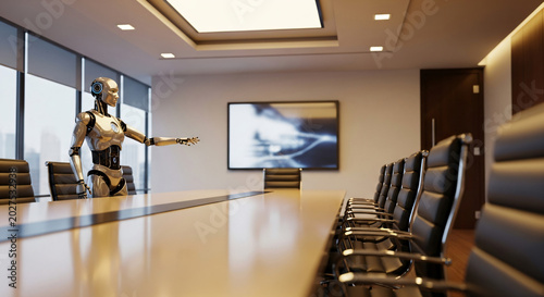 Futuristic humanoid robot presenting in modern corporate boardroom with digital screen and warm lighting