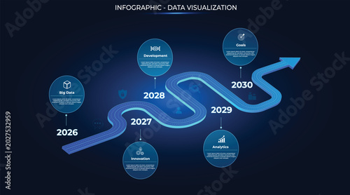 Foto Futuristic infographic featuring a curved arrow representing a timeline and sequence of years, combined with five circular options rendered in a blue glassmorphism