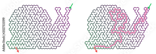 Canvas-taulu Snail shaped gradient maze with highlighted solution path, concept of logical th