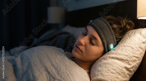 Woman sleeping peacefully at night wearing a headband with a glowing sensor.