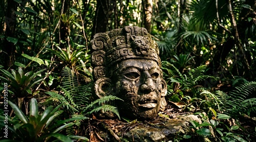 Ancient stone face sculpture hidden in lush tropical jungle foliage.