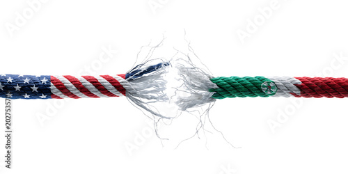 A thick rope patterned with the flags of the united states and iran, fraying and breaking apart in the center, symbolizing a collapse in diplomacy isolated on a transparent background