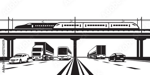 Passenger trains overpass highway – vector illustration