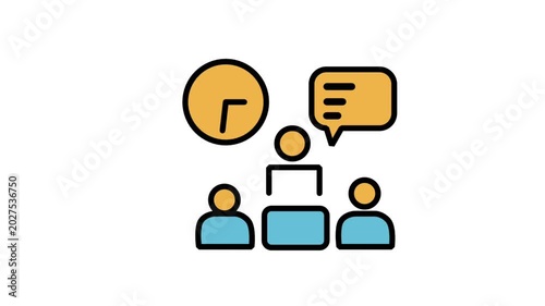 Animated business presentation icon showing team members discussing project timeline and management clock goals.