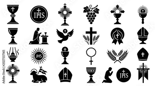 A set of Christian icons and symbols in a flat, minimalist design on transparent background