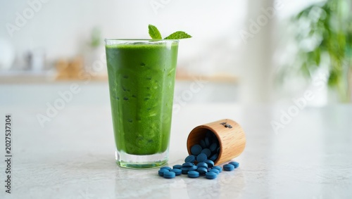 Quadro em tela A vibrant green detox smoothie with fresh mint beside a toppled wooden jar of blue spirulina supplement tablets on a white marble kitchen counter, evoking a clean-eating wellness ritual