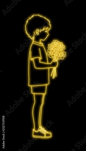 Neon yellow outline illustration of boy holding bouquet of flowers on black background