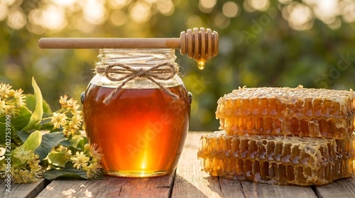 Madu alami dalam toples kaca dengan dipper, ditemani sarang lebah segar dan bunga linden di meja papan, berlatar cahaya senja keemasan.