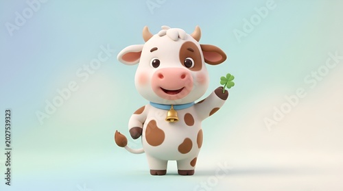 Cute 3D cartoon cow character holding a four-leaf clover.