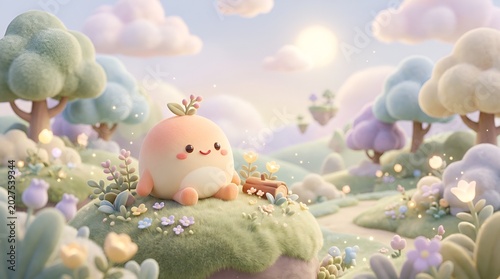 Cute peach character in a dreamy pastel landscape.