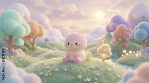 Cute pink character in whimsical pastel landscape with fluffy trees.