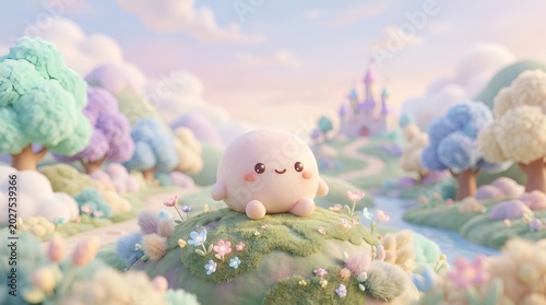 Cute pink character in a colorful candy fantasy land.