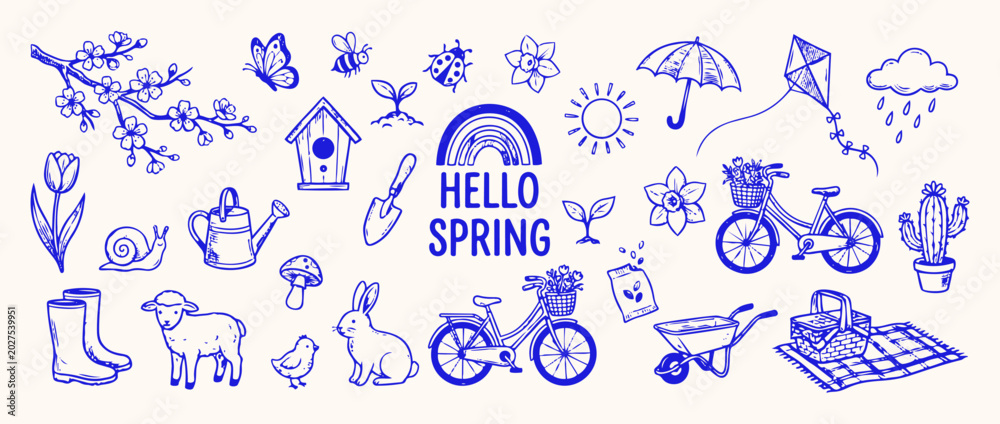 Naklejka premium Hello Spring Doodle Collection: A whimsical collection of hand-drawn spring icons, featuring blossoming branches, cute animals, blooming flowers, gardening tools, rain showers.