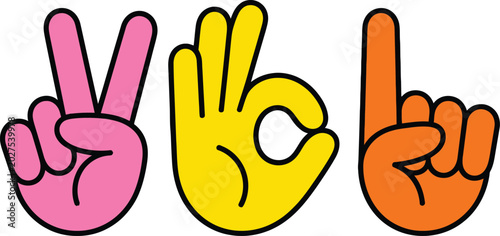 Colorful cartoon hands making peace and rock on signs  hand gestures