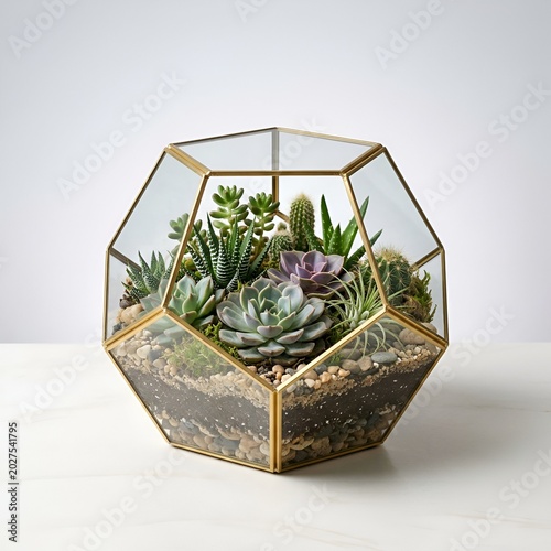 Geometric glass terrarium with variety of succulents.