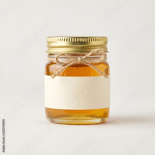 Glass jar of honey with blank label and twine.