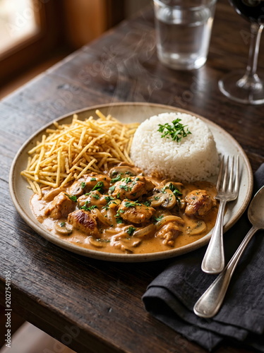 Brazilian chicken stroganoff dish, creamy with visible pieces of chicken and a rich sauce, served with fluffy white rice and golden, crispy French fries.
