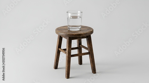 Glass of water on a rustic wooden stool