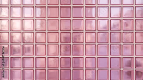 Glossy pink iridescent mosaic square tile wall texture.
