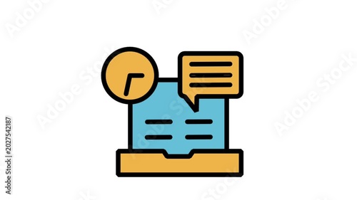 Animated icon of a laptop online working process tracked by a time deadline clock graphic.
