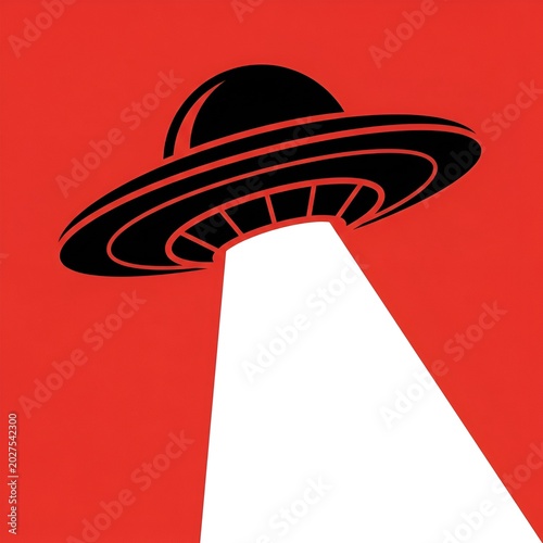 Graphic UFO spaceship illustration beaming light on red background.