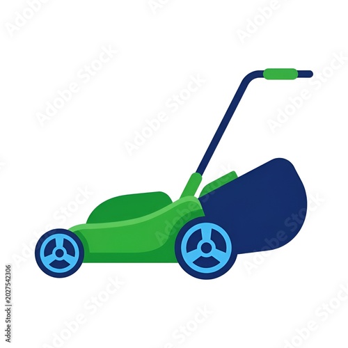 Green and blue electric lawn mower on white background.