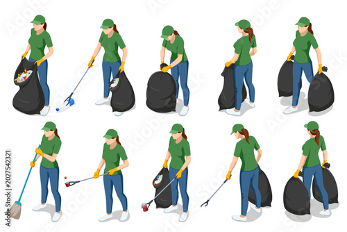 Isometric set of female cleanup worker poses with trash bag, broom and litter picker on isolated background. Environmental care, recycling, sanitation and volunteer cleanup concept