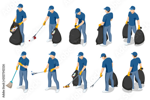 Isometric set of male cleanup worker poses with trash bag, broom and litter picker on isolated background. Environmental care, recycling, sanitation and volunteer cleanup concept.