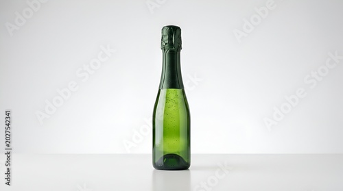 Green glass wine bottle on plain white background.