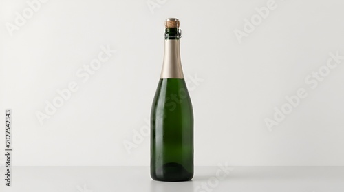 Green champagne bottle standing on plain white surface.