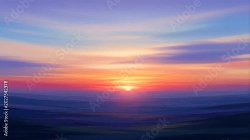 Vibrant sunset over serene landscape horizon.