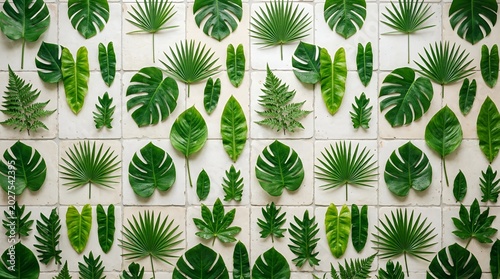 Green tropical leaves pattern on white tiled wall background.