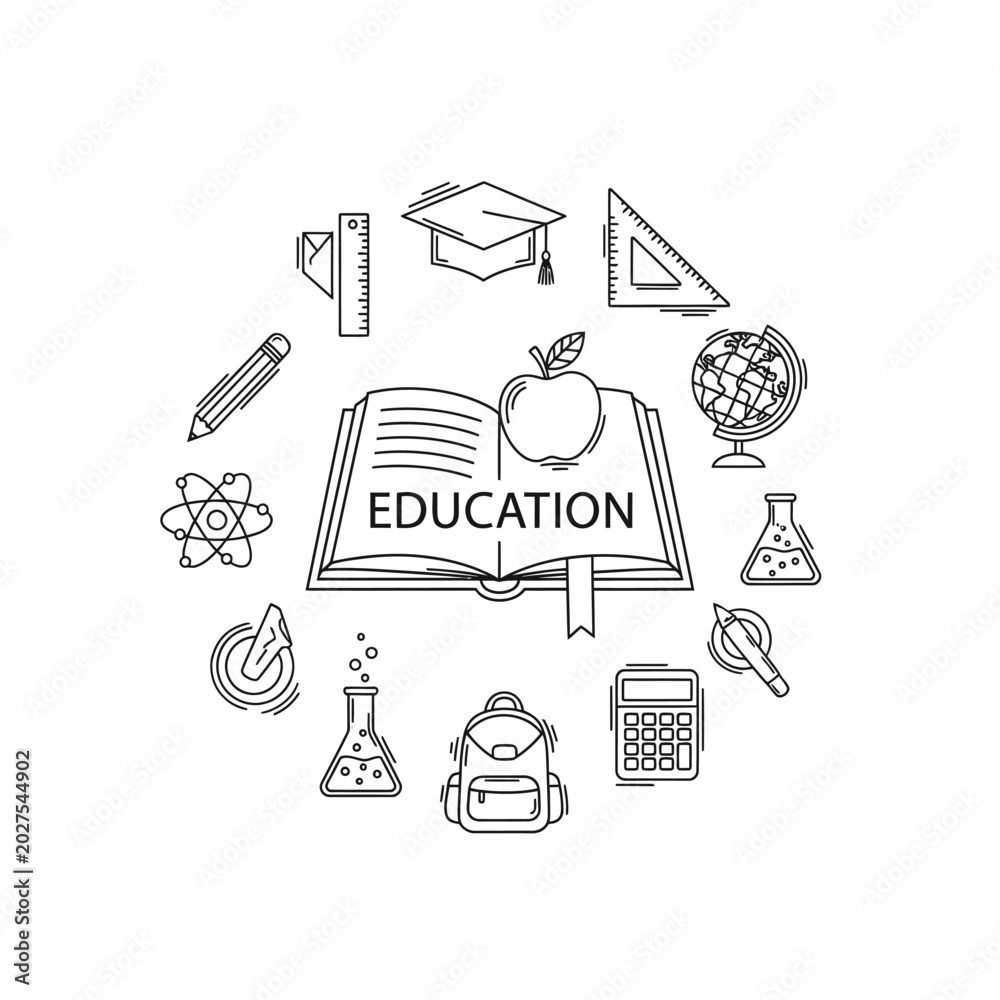 Fototapeta premium Education concept with school icons and open book sketch.