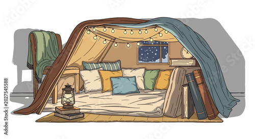 Cuadro en lienzo Cozy Blanket Fort Indoors with Fairy Lights, Pillows, Books, and Lantern