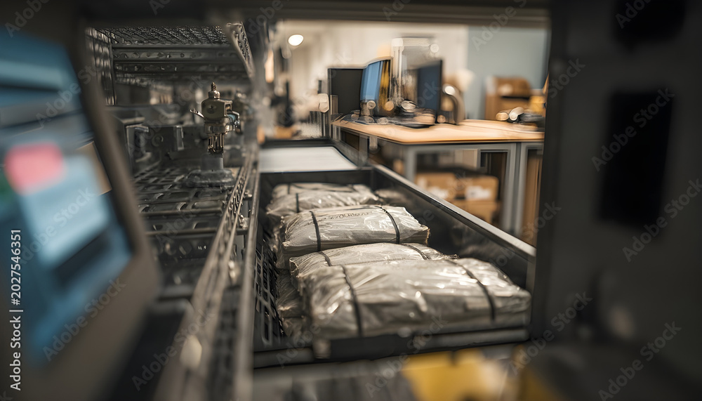 Naklejka premium Preparation for armored cash pickup with detailed focus on securely fastened cash bags inside locked cart the surrounding workspace intentionally out of focus for security