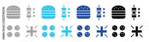 Quadro em tela Burger skewers meatballs and starburst icons with fast food black and white meat