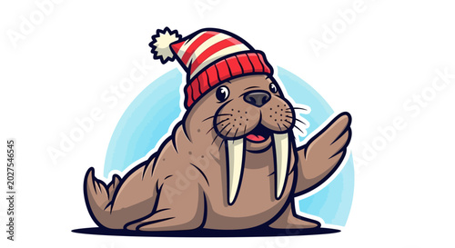 Konstfotografi Cute Walrus Wearing a Striped Winter Hat Waving Hello