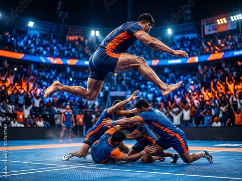 Dynamic Athlete Leap Over Defense in High-Intensity Stadium Sport