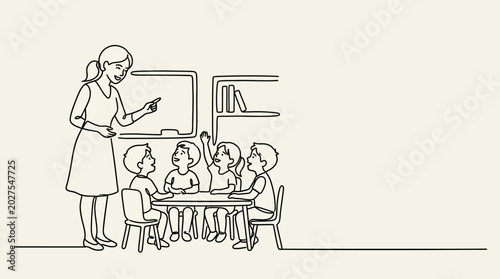Photos Continuous line drawing of a teacher instructing young students in a classroom setting
