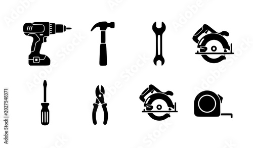 Canvas-taulu Minimal power tools and hand tools vector silhouettes for construction repair an