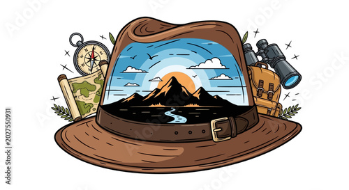 Slika na platnu Explorer's Hat with Mountain Landscape Reflection and Adventure Gear