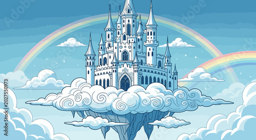 Photography Fantasy Castle on Clouds with Rainbow