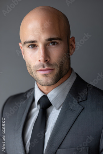 Portrait of an attractive young bald man in a business suit, with dark hair and light short three day beard and a grey background